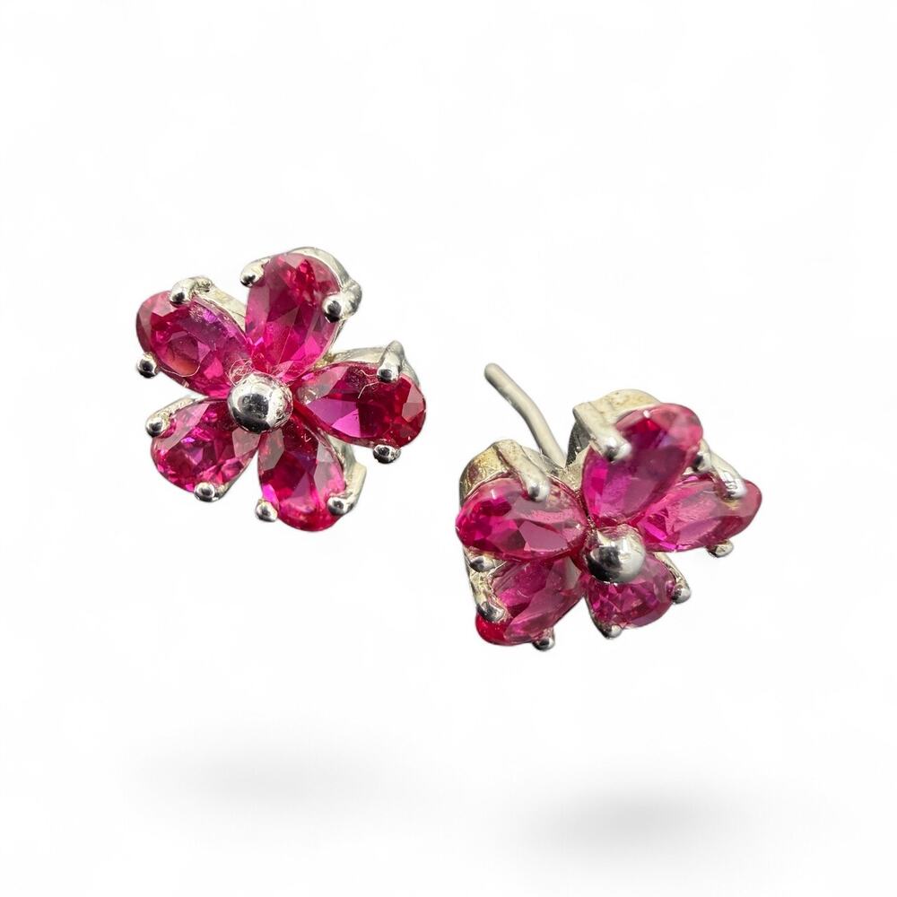 Created Ruby Flower Stud Earrings 925 Sterling Silver July Birthstone Daisy - Picture 6 of 7